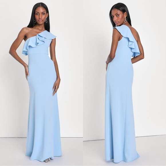 NWOT Lulus Last Forever Powder Blue One-Shoulder Ruffle‎ Maxi Dress - Picture 1 of 8